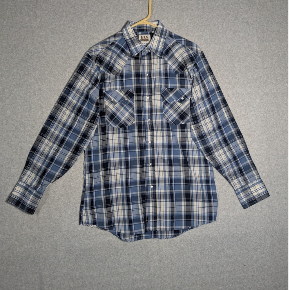 Ely Cattleman Western Shirt Mens Medium Blue Plaid Pearl Snap Lurex Cowboy Rodeo